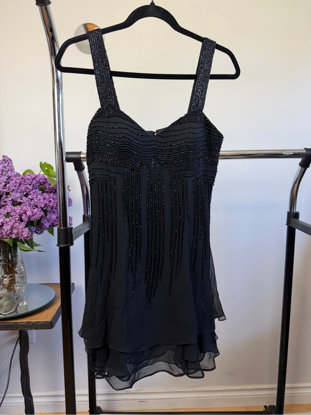 R&M Richards Vintage Silk Beaded Fringe Mini Dress Black Size 8 Y2K